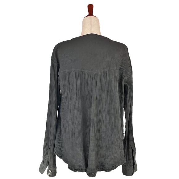 FREE PEOPLE Changing Horizons Boho Gauze Button-Up Popover Top Gray-Green Size L - Picture 6 of 8